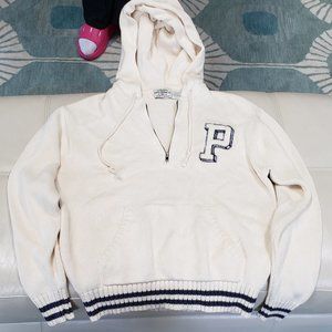 Ralph Lauren Polo Sweater Hoodie Ecru with Blue Trim Medium 100% Cotton